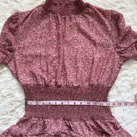 Bardot Dress Georgette Soft Floral Tiered Shirred Mini Long Sleeve Pink M - Picture 12 of 14